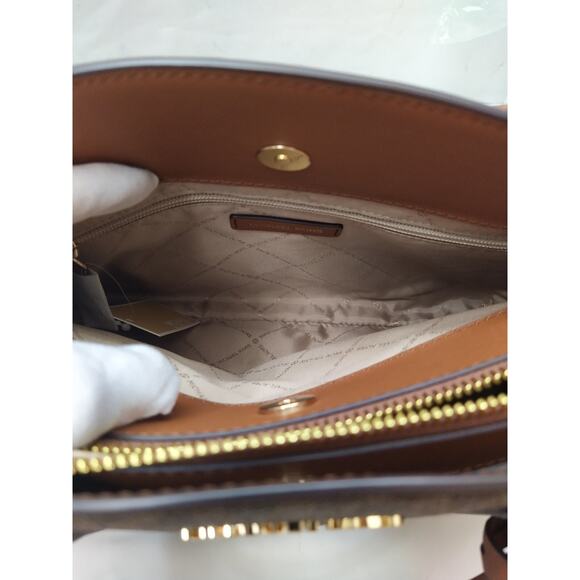 Michael Kors Lynn Brown Lugg MK Printed Large EW Satchel Bag - NWT $398 - Picture 15 of 16